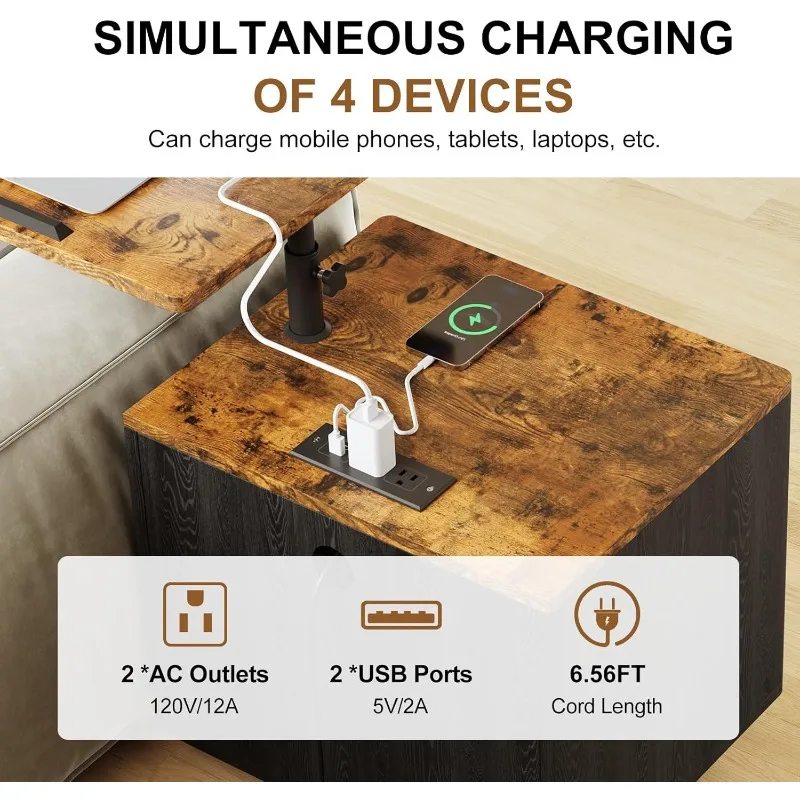 Bedroom Nightstand With Drawers & Charging Station, Adjustable Height Bedside Table With Wheels, Wooden Small Sofa Side Tables
