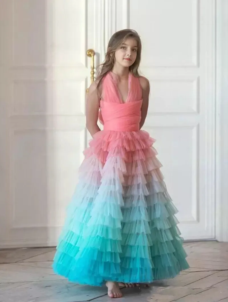 Colored Tulle Lace Layered Princess Flower Girl Dresses Wedding Party Ball First Communion Dresses Birthday Present