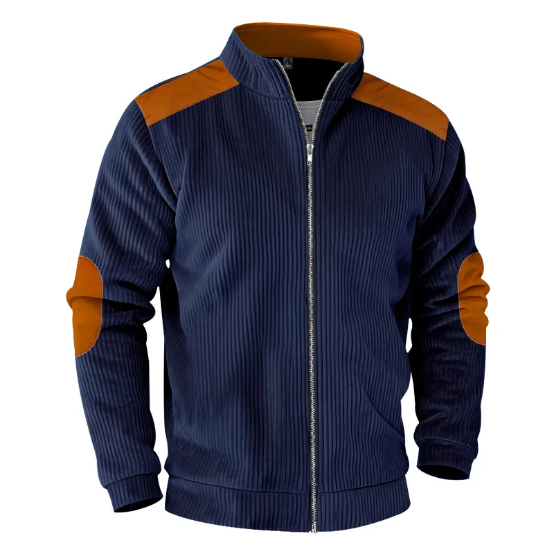 Herren Stehkragen Cordjacke, Farbblock-Design, Reißverschluss-Mantel, Retro, Locker Geschnitten, Lässig, Langarm, Herbst-Winter, Alltag, Streetwear – Detail 11