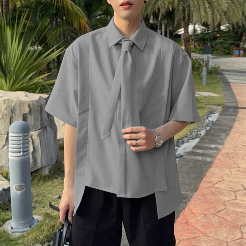 INCERUN Men Irregular Shirt Solid Lapel Short Sleeve Loose Men Clothing With Tie Streetwear 2026 Korean Style Fashion Shirts Men