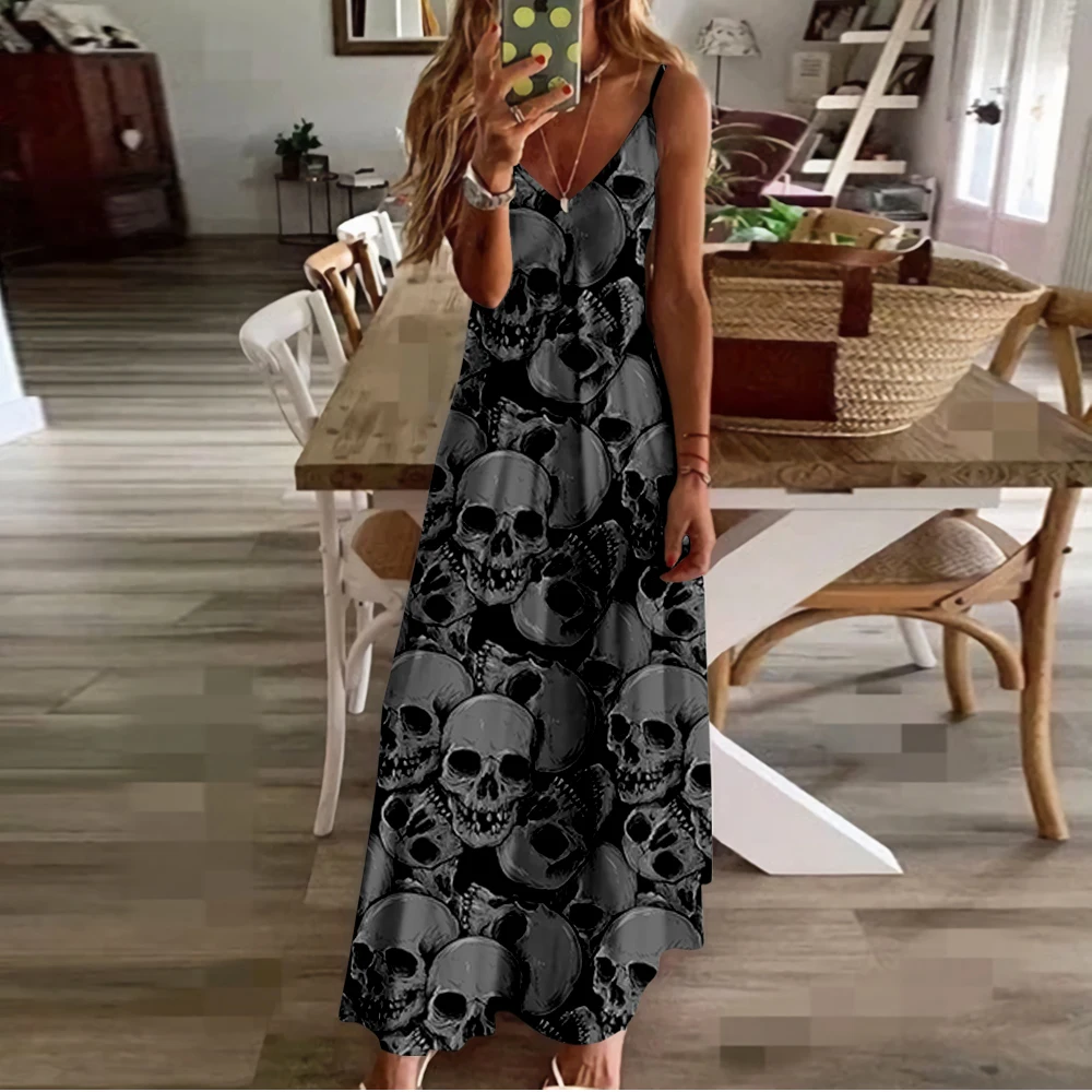 Spring Summer Women V-Neck Skull Printed Sexy Beach Long Maxi Dress Split Sleeveless Vintage Clothing Oversized Holiday Vestido