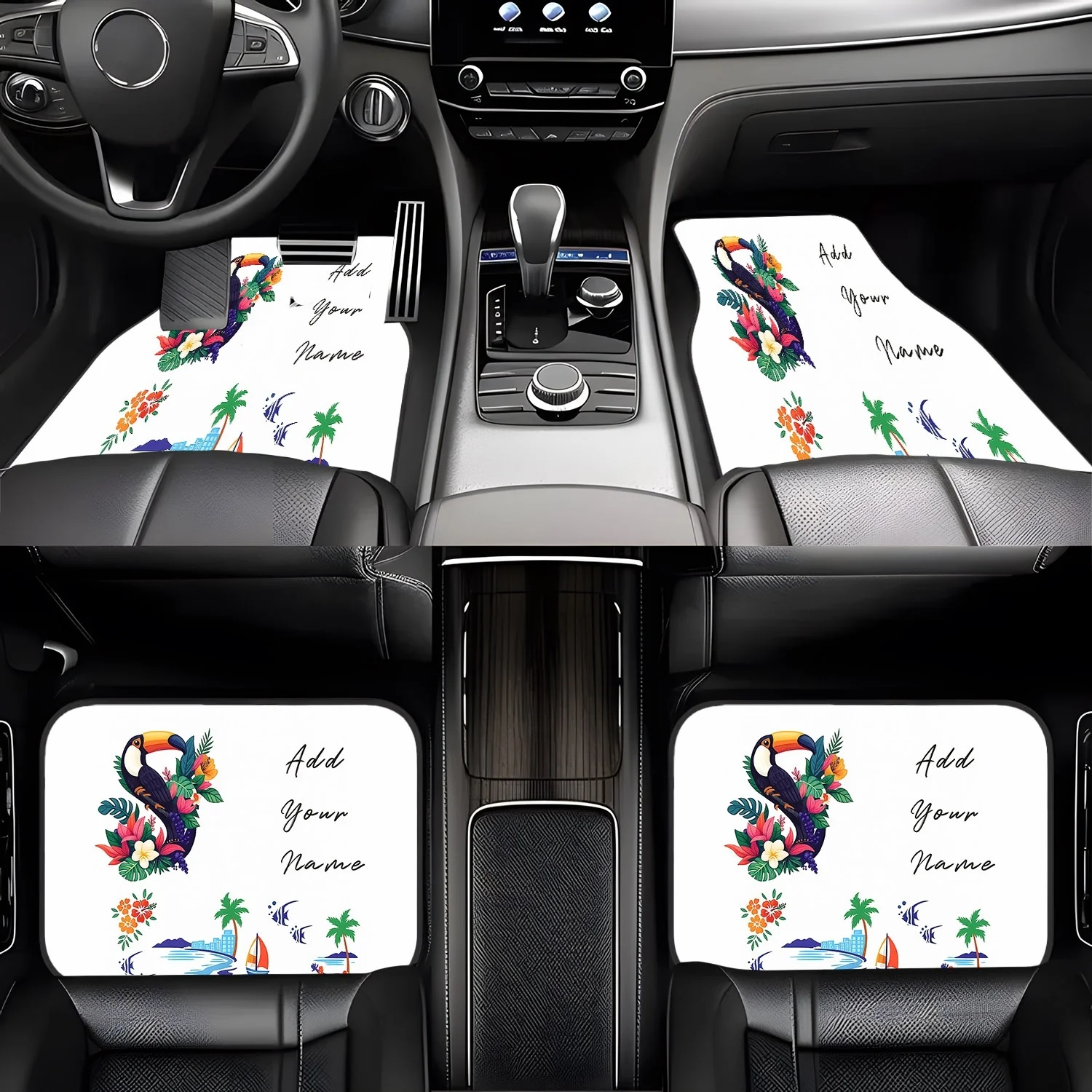 4pcs Tropical-Themed Character Car Floor Mats, Toucan And Floral Print Pattern, Non-Slip, Dust-Proof, Durable, Front And Rear Ca