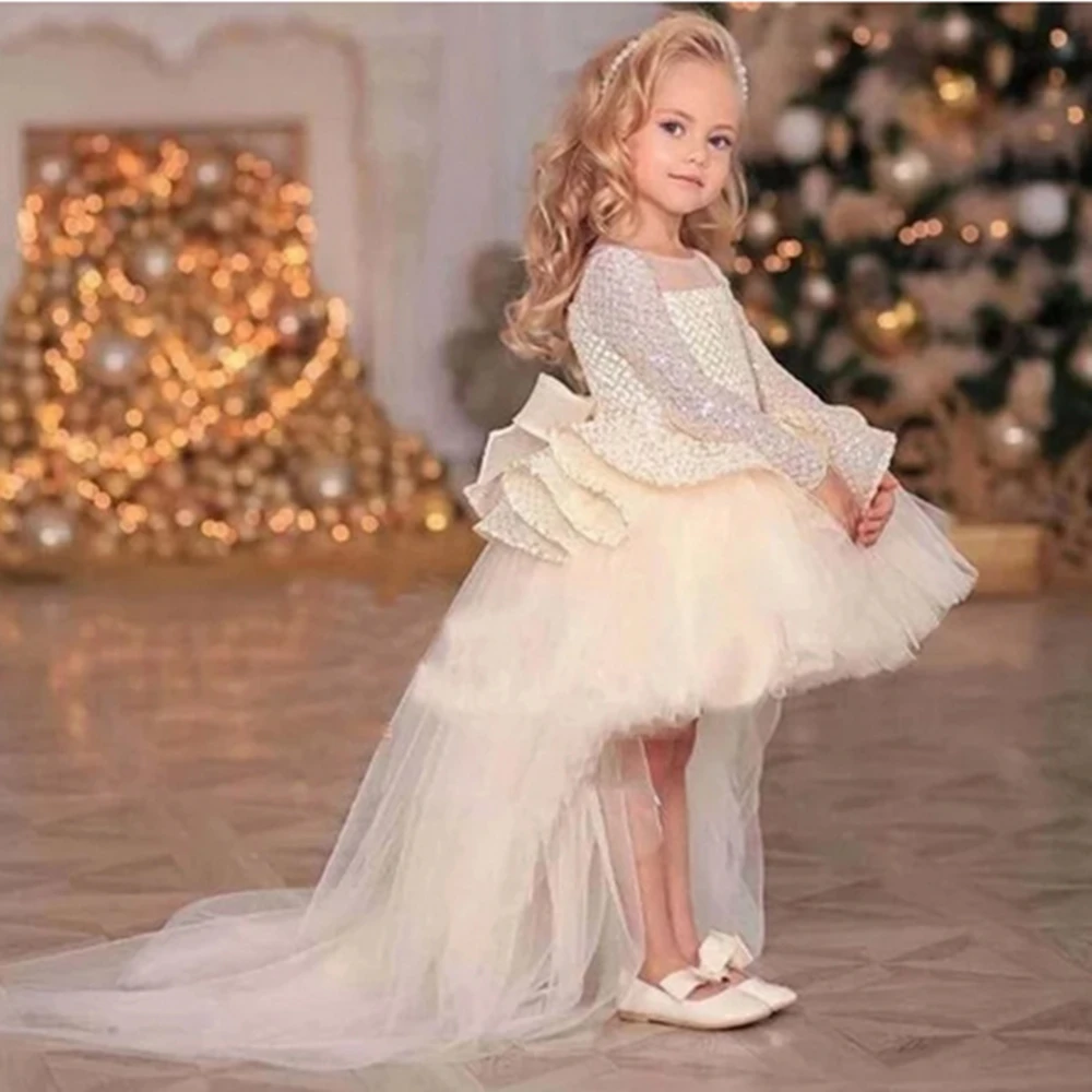 

Elegant Long-sleeved Fishtail Bow Princess Flower Girl Dress Wedding Party Ball First Communion Dresses Dream Kids Gift