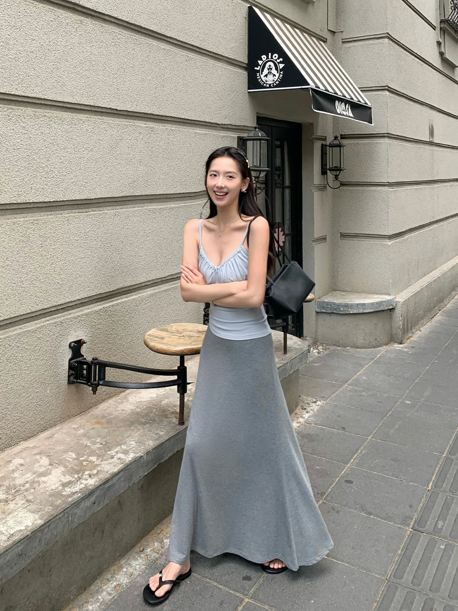 Pusumede Grey High Waist A-Line Knitted Midi Skirt Women's Loose Lazy Draping Long Skirt Standard Fit Summer 2026
