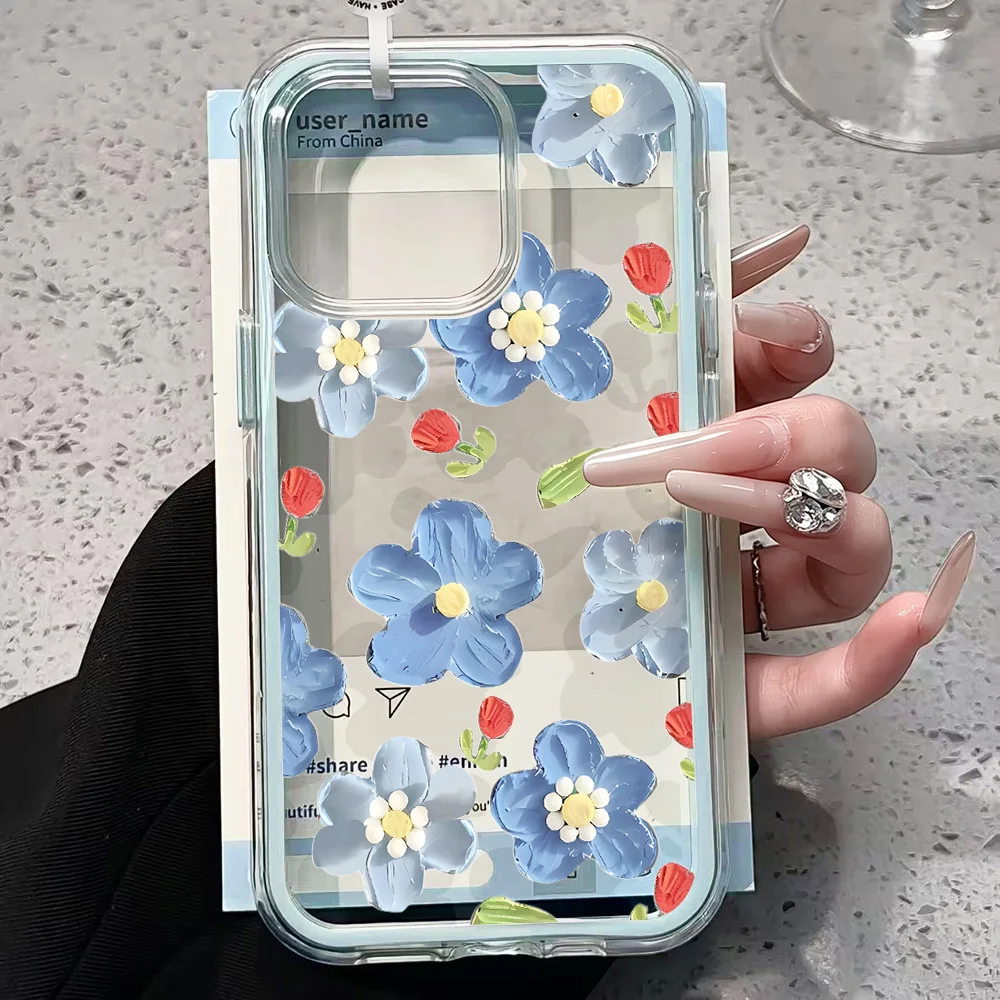 Blaue Künstlerische Blumen Transparente Handyhülle für iPhone 17 13 16 15 11 12 14 Pro Max 17 Air XR X Hülle Silikon Weiche Stoßfeste Abdeckung – Detail 3