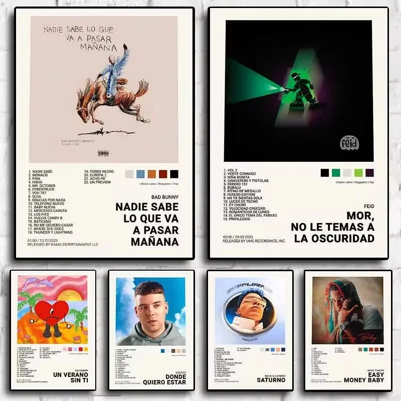 Póster de rapero Pop Bad Bunny, álbum de música estética, cubierta de concierto, Feid Quevedo Myke Towers Mora, lienzo impreso, arte de pared, decoración para habitación