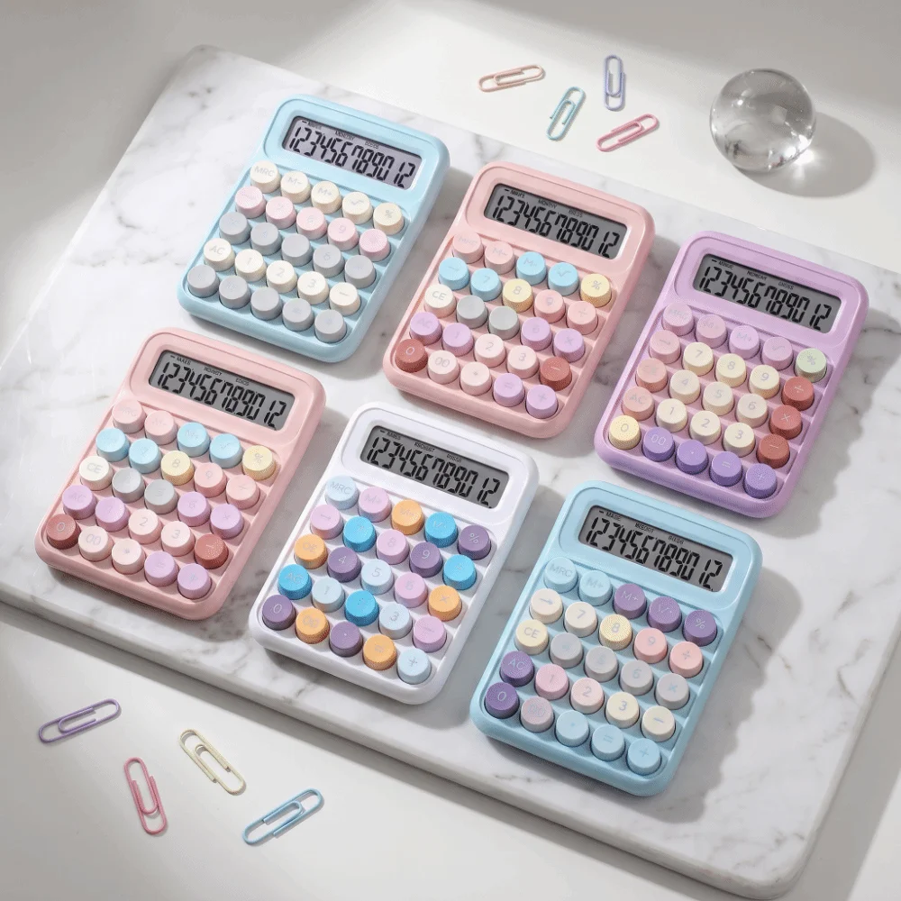 12 Digit Mechanical Key Calculator Large LCD Display Round Button Silent Calculator Lightweight ABS Material Portable Calculator