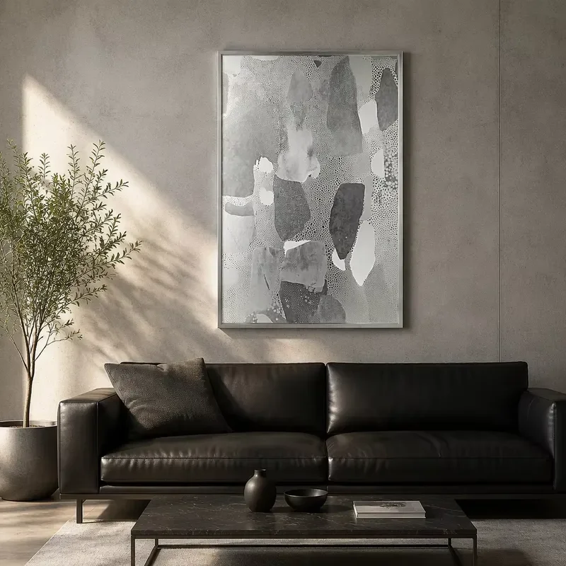 FLOLENCO Modern Monochrome Abstract Decorative Wall Art Painting Silver Metal Frame Textured Canvas Art for Minimalist Home