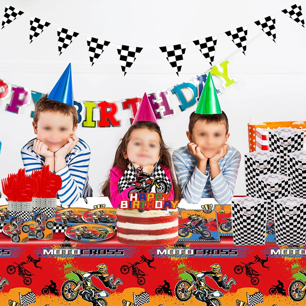 Motorcycle Dirt Bike Party Tableware Plates Cups Balloons Banner Pennant for Boys Kids Motor Birthday Party Decoration Supplies