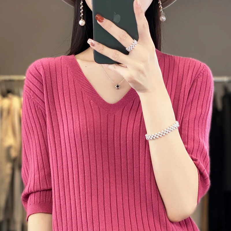 Spring Summer 2023 V-Neck Cashmere Short Sleeve Women's Knitted Sweater Overhead Half Sleeve Thin Slimming Pure Color Inner Wear