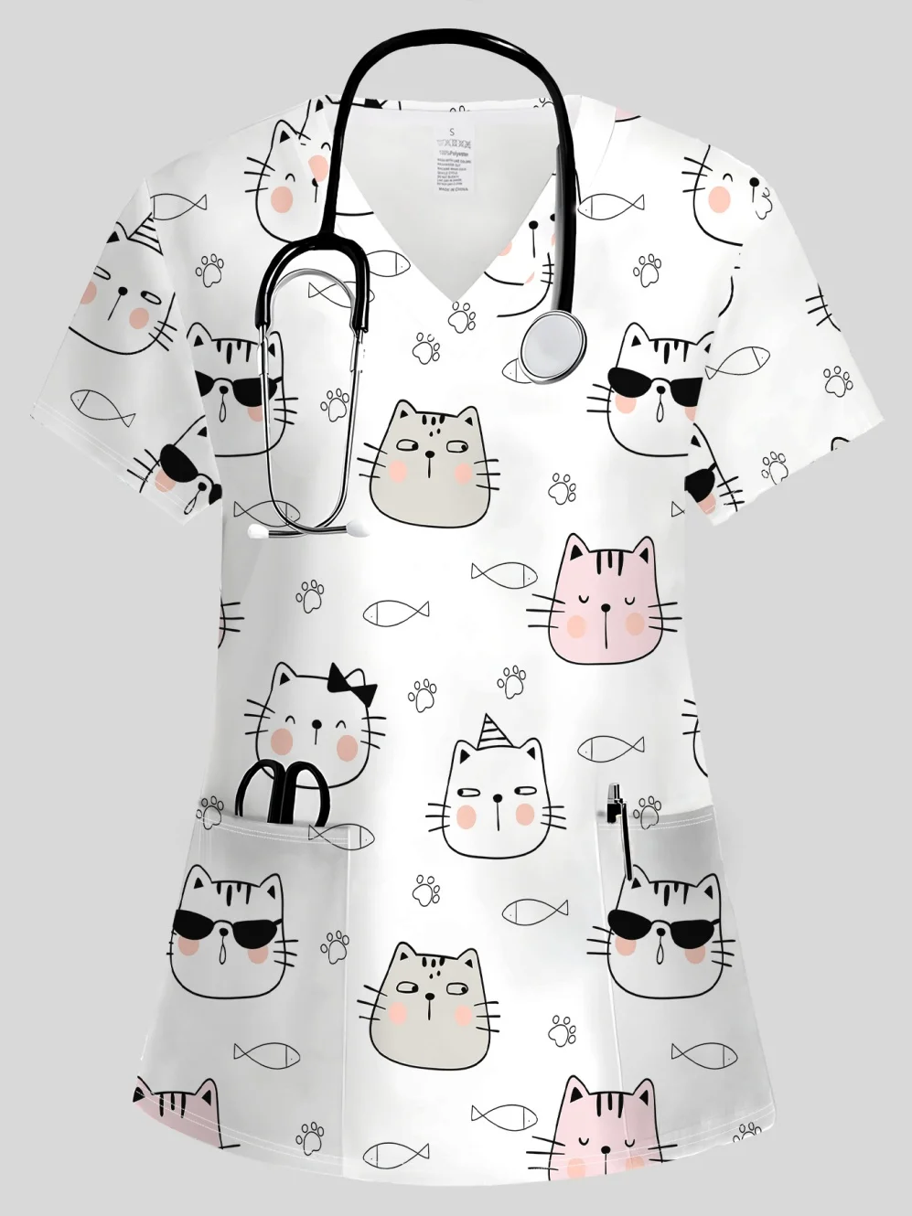 Summer Womens Fashion V-Neck Short Sleeve Uniform Pockets Tops Cute Cat Pattern Print Comfortable Vet Clinical Uniforms Woman - view 2