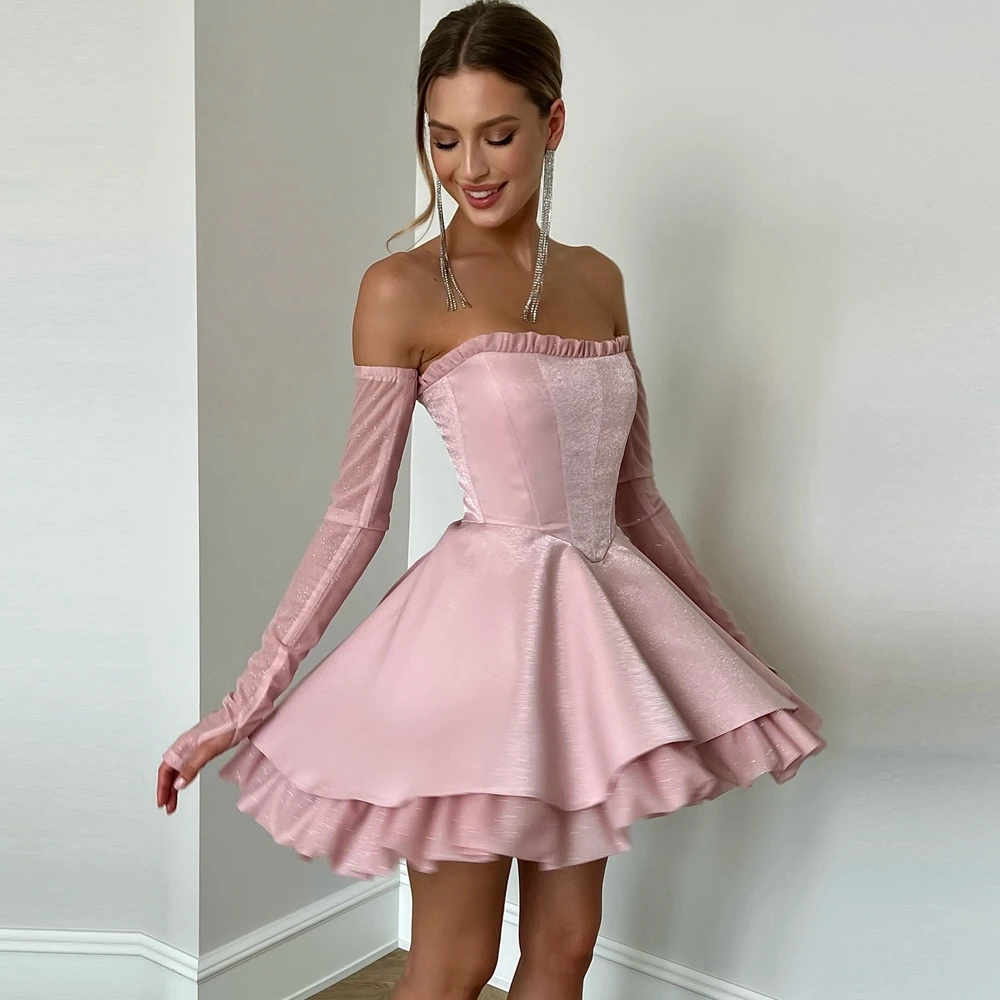 

Glitter Satin Ruffle Birthday Party Dresses Mesh Puffy A‑Line Cocktail Dress Elegant Strapless Taffeta Mini Evening Formal Gown