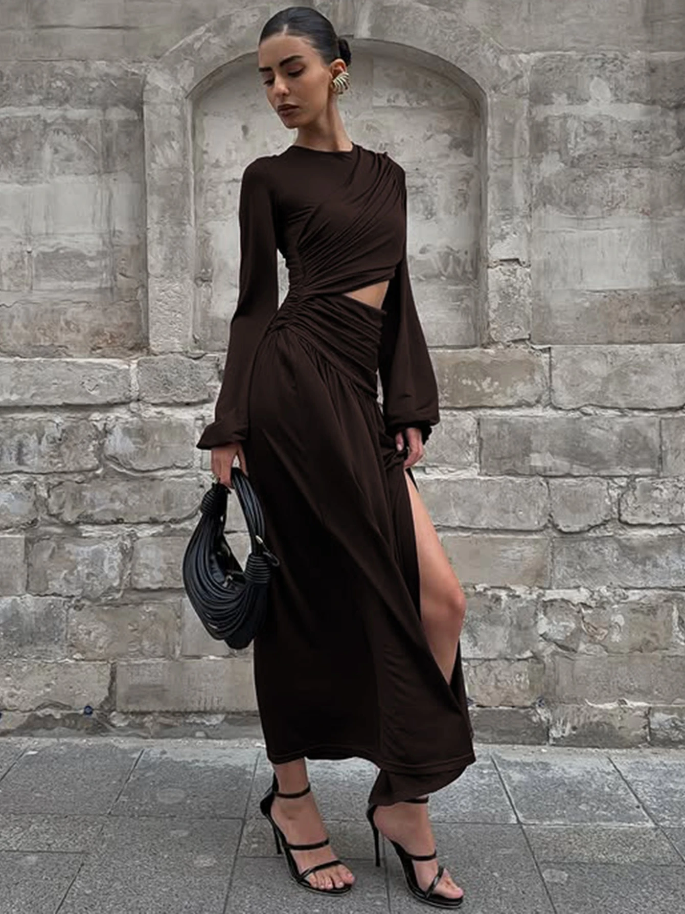 Dulzura O-Neck Long Flare Sleeve Cut Out Ruched Side Slit Pleated Long Dress Women'S Sexy Elegant Dress Party Club Autumn Outfit