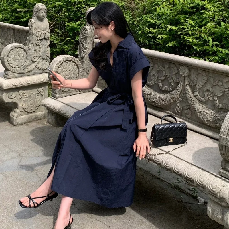 

Ретро irt Sle Pure Color Long Dr, женское летнее новое платье с поясом и одной пуговицей, корейское платье