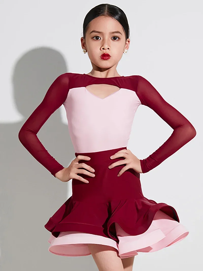 Vestido de baile latino con falda grande y dobladillo, traje rojo de malla de manga larga para niñas y niños con falda, conjunto de actuación de práctica, trajes de baile