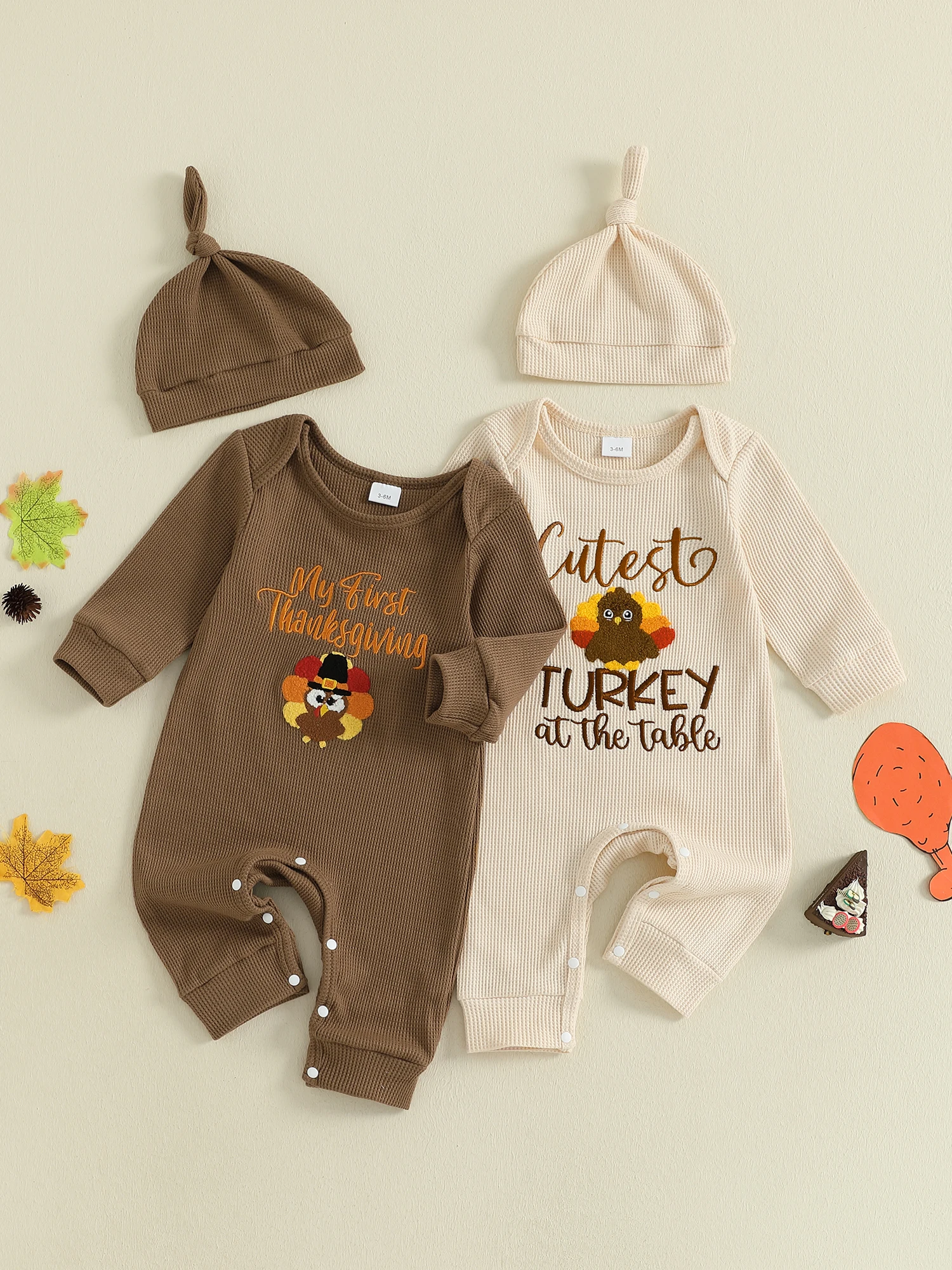 

Toddler Unisex Autumn Clothes Set Crew Neck Long Sleeve Turkey Embroidery Romper with Hat for Thanksgiving Celebration