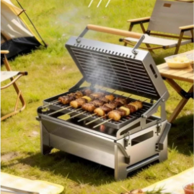 Rotating Mesh Charcoal Grill - Portable Detachable BBQ Grill for Outdoor Camping
