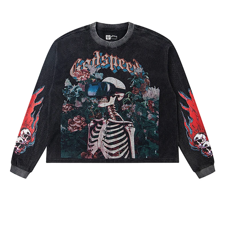 

Мужской уличный черный пуловер Godspeed с длинными рукавами, американский тренд, осень-зима, футболка со скелетом и розой, GOD SPEED