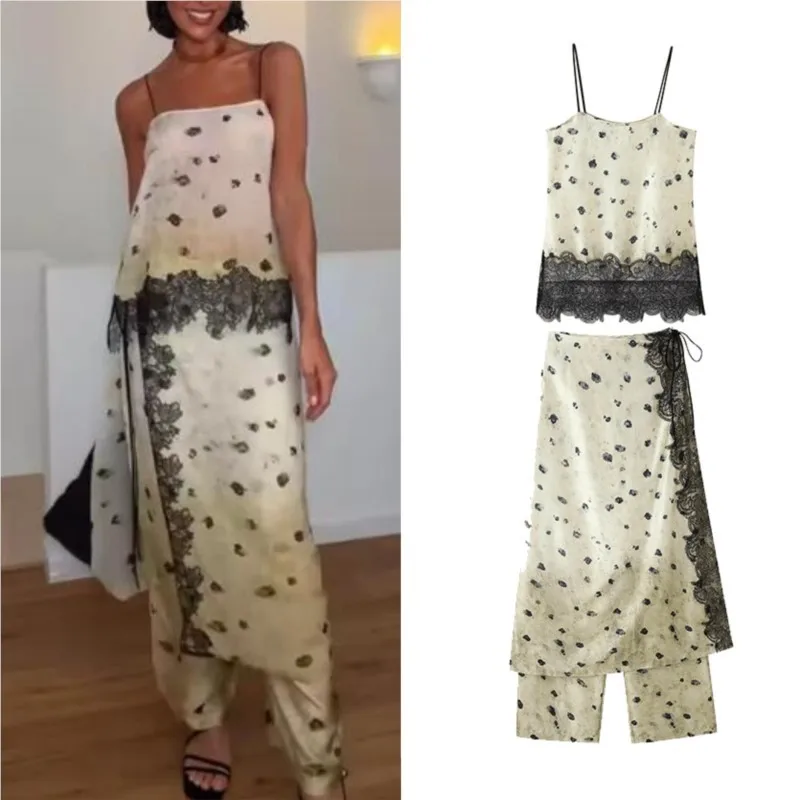 Women's laceSatin Printed Pants Summer Thin Straps Lace Trim Tops Side Slit Lace-up Skirt Pants Fashion Casual Two Piece Sets