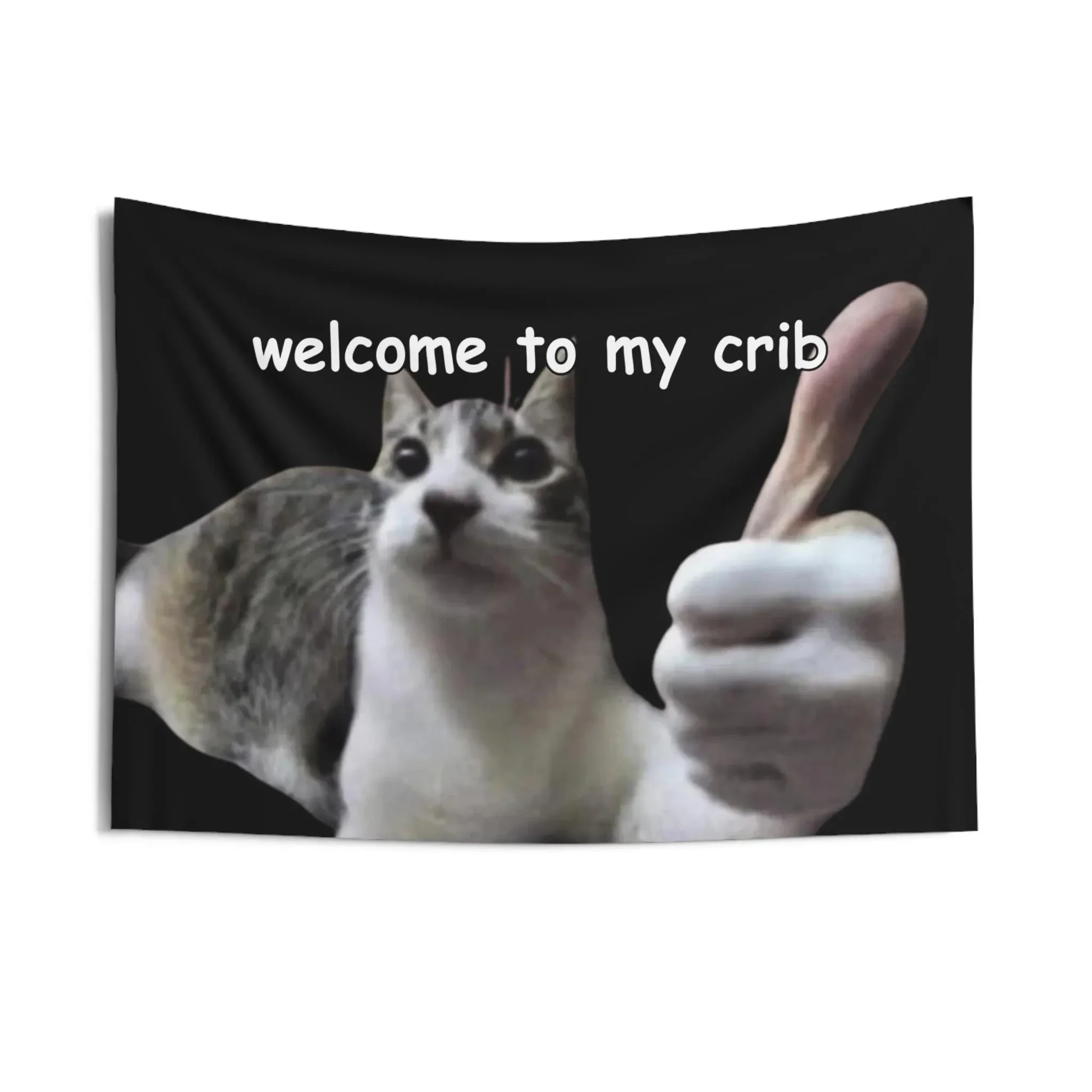 Lustiger Wohnheim-Wandteppich „Welcome to My Crib“, Katze, Meme, Wandbehang, seltsame College-Wohnung, Wandkunst, Wandstoff, Kawaii-Raumdekoration