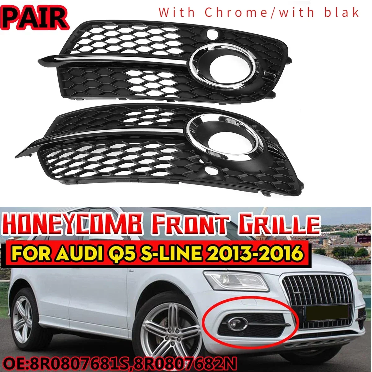 Pair Front Fog Light Cover Grille Honeycomb Grill For Audi Q5 Sport S-line 2013 2014 2015 2016 2017 8R0807681S,8R0807682N