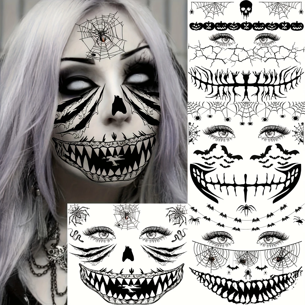 4pcs Halloween Temporary Face Tattoos Unisex Horror 3D Black Witch Zombie Face Makeup Tattoo Stickers Spider Web Bat Scar Tattoo