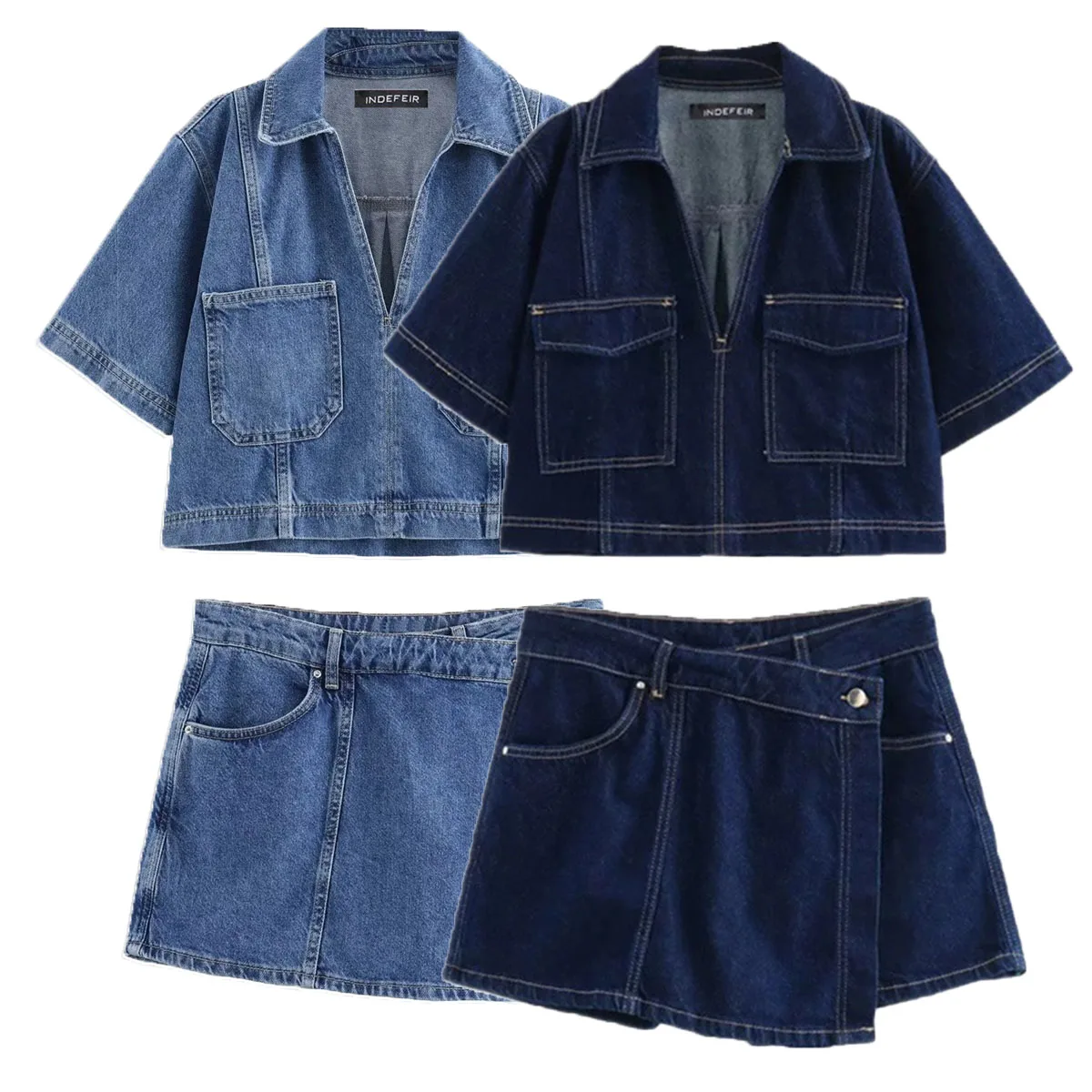 2024 Women\'s Fashion Flip Pocket Decoration Short Flip Collar Slim fit denim Top + Asymmetric Denim Skirt High Waist 2 Piece Set