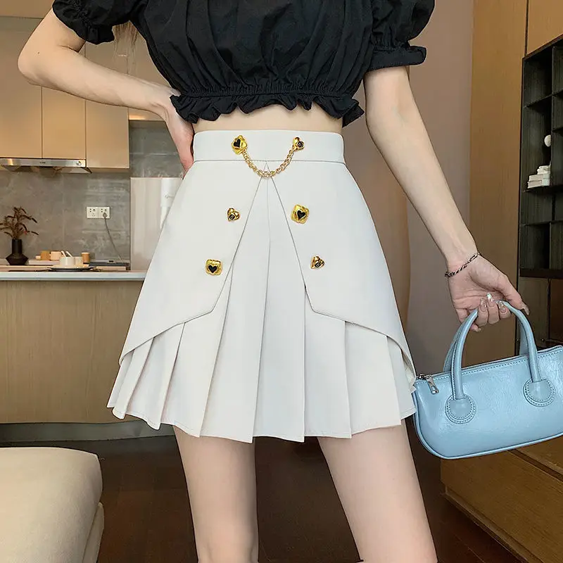 Spring Summer Solid Chain Slim Pleated Skirt Woman 2023 New Fashion Party Streetwear A-line Black White High Waist Mini Skirts