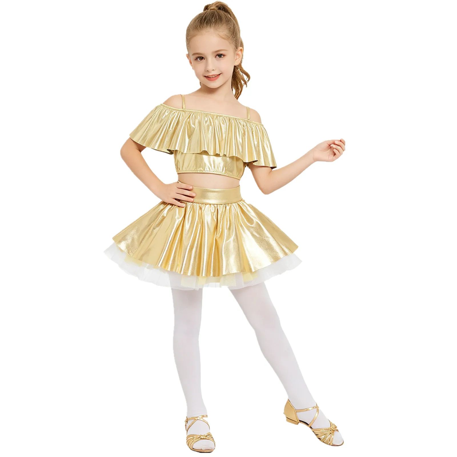 Kids Girls Metallic Shiny Hip Hop Jazz Dance Cheerleading Performance Costume Off Shoulder Ruffles Crop Top with Mesh Tutu Skirt