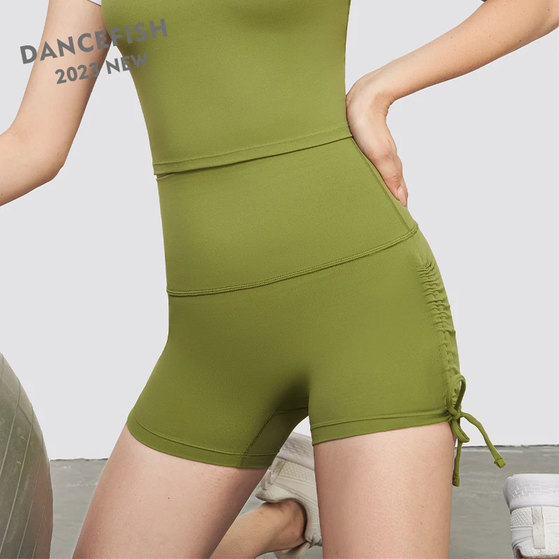 DANCEFISH 2023 Women Tight Three-Quarter Pants Side Drawstring Design Sportwear Gym High Waist Low Intensity Pilates Yoga Shorts