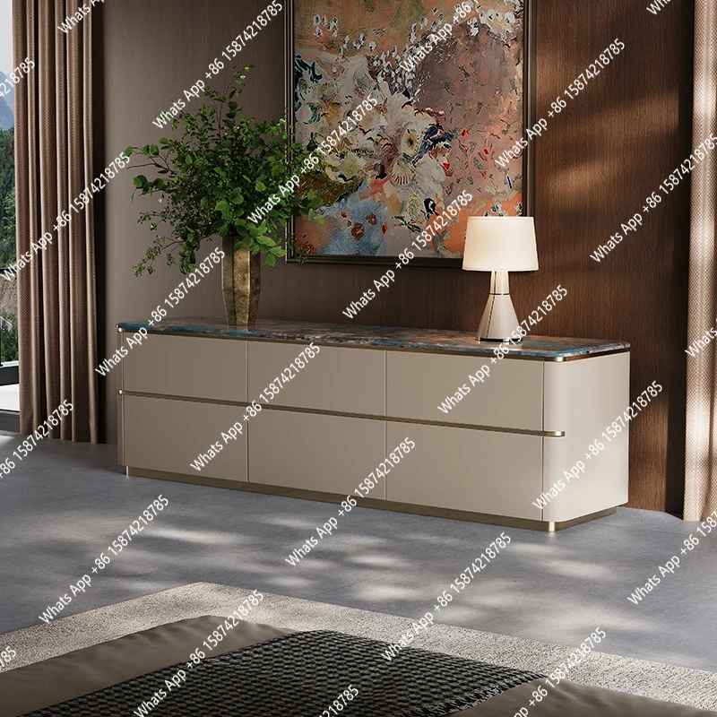 

Italian minimalist TV cabinet bedroom light luxury marble chest cabinet simple high-end leather floor solid wood locker