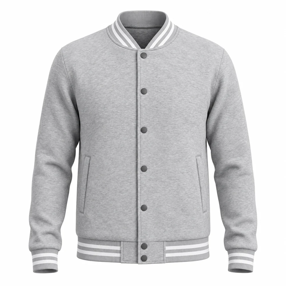 Men's Varsity Jacket Stand Collar Snap Button Brushed Casual Sports Coat with Striped Rib Trim