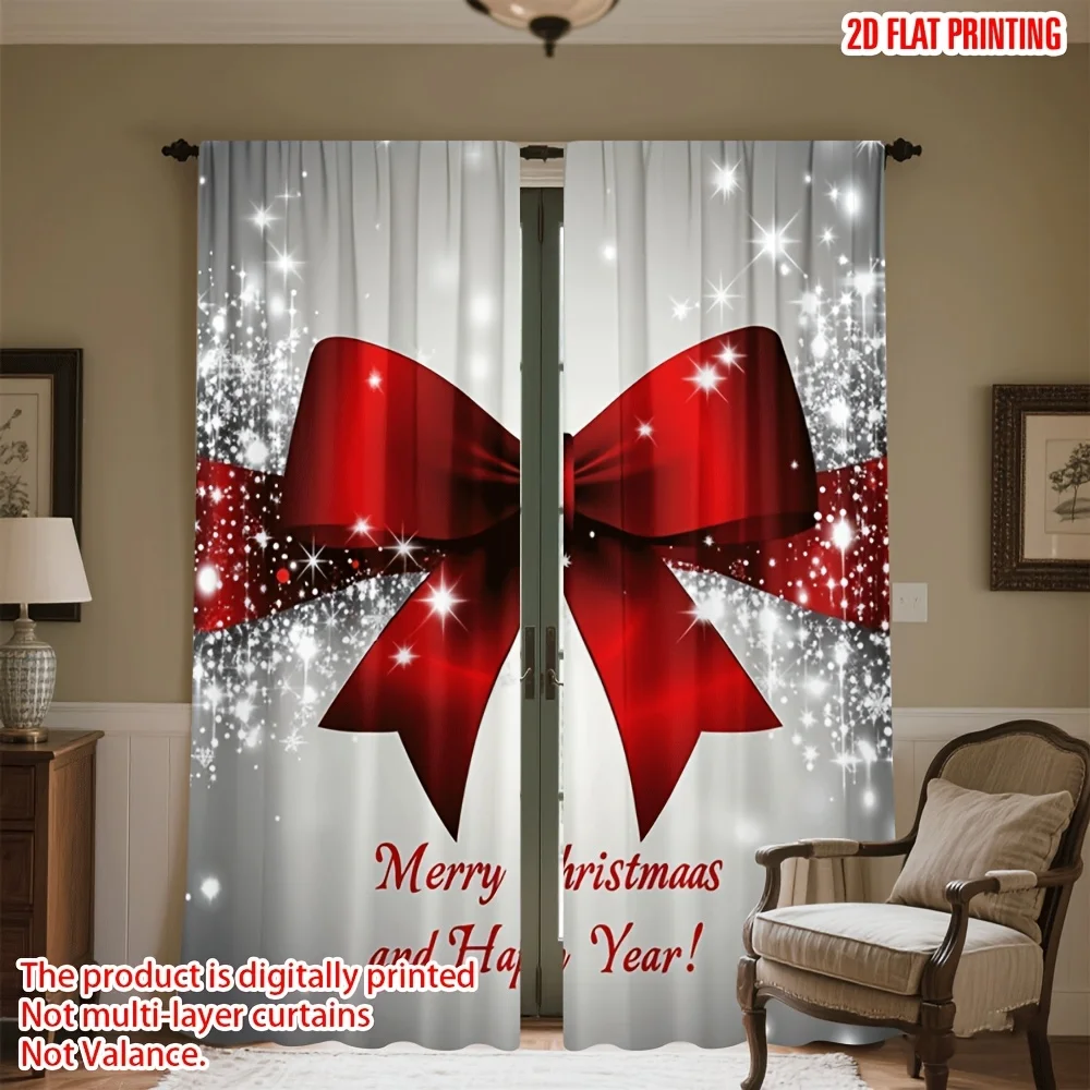 Christmas Bow Curtains 2pcs, Red White Sparkling Star Semi-Transparent Polyester for Living Room Bedroom Office Holiday Decor