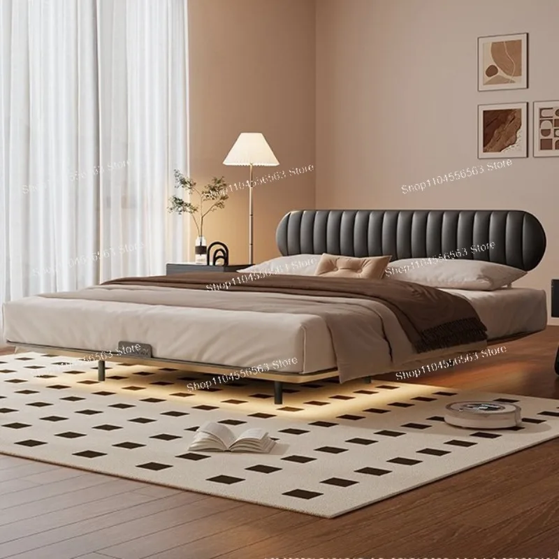 Ultra-thin bedside carbon steel wrought iron bed modern simple master bedroom double bed French bread leather suspended