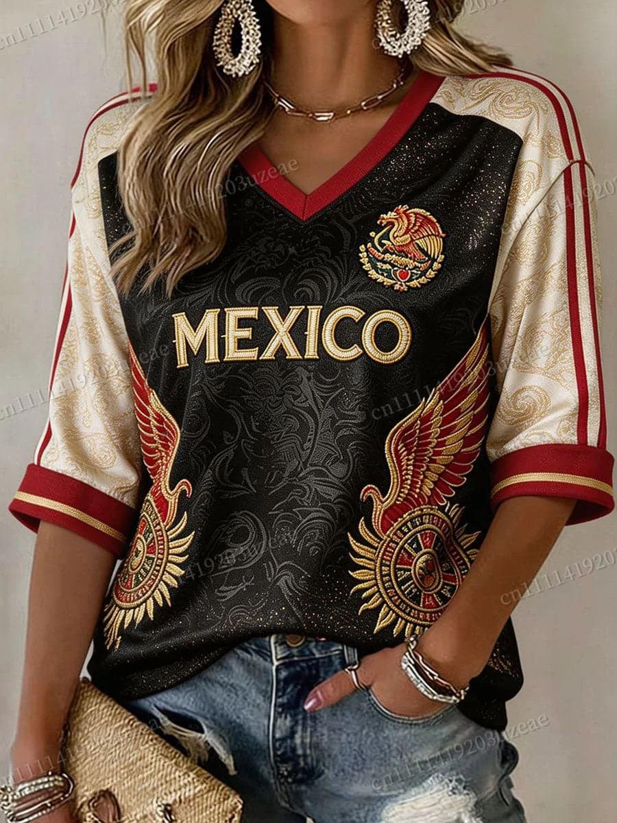 2026 Mexico Football V-Neck T-Shirt Women Summer New 3D Print Virgin Mary Soccer Jersey Vintage Mexican Cultural Graphic Tee Top