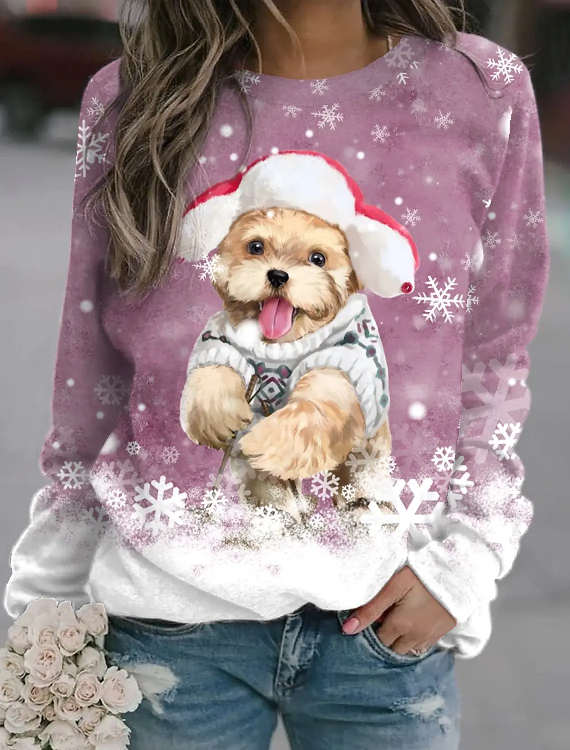 Women's Christmas Puppy Snowflake Print Long Sleeve T-shirt Sports Casual Cute Polyester Ultra-thin Round Neck Long Sleeve