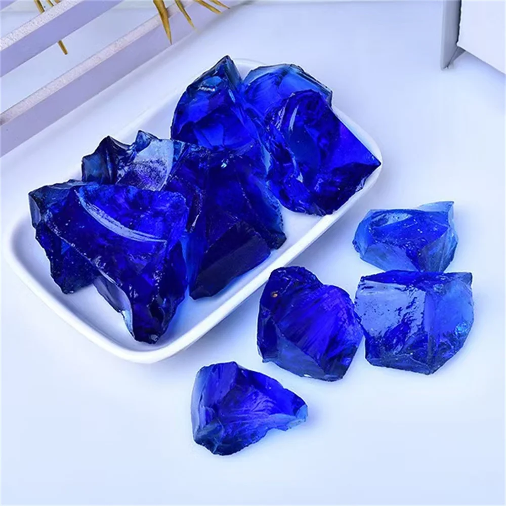 Natural Deep Sea Blue Crystal Colored Glaze Tumbled Crushed Gemstones Glass Vase Filler Fish Tank Landscaping Home Decoration