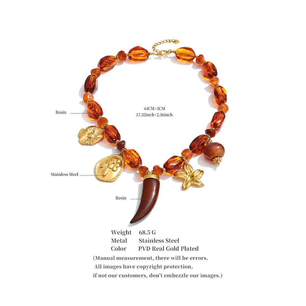 Yhpup Handgemachte Halskette Wasserdicht Bernstein Harz Perlen Kette Horn Blume Statement Halskette Edelstahl Schmuck Zubehör – Detail 1