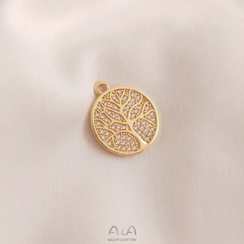 14K Gold Color-preserving Micro-inlaid Zircon Lucky Tree Round Pendant Tree of Life Necklace Handmade DIY Jewelry Pendant