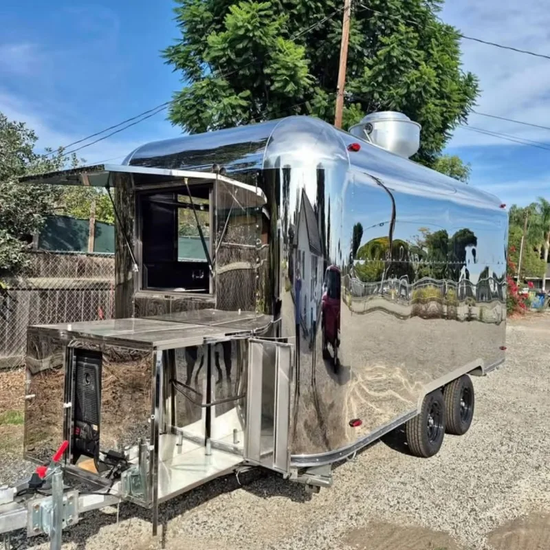 Mirror Stainless Steel Fully Equipped Commercial Mobile Food Trailer Double Axle Pizza Oven Soft Serve Machine Hotdog for Retro