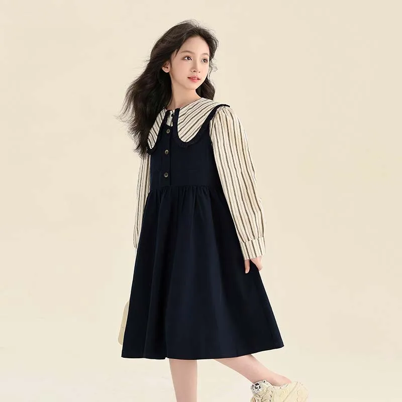 

Spring Autumn School Girl Dress Set Children Girl Striped Lapel Long Sleeve Shirt+Suspender Skirt Junior Girl Academy Style Sets