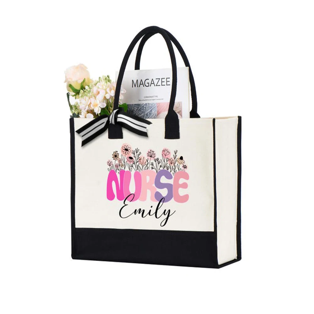 

Personalized Floral Nurse Tote Bag Custom Name Nurse Bag Durable Canvas Tote Bag Lightweight Practical Nurse Graduation Gift