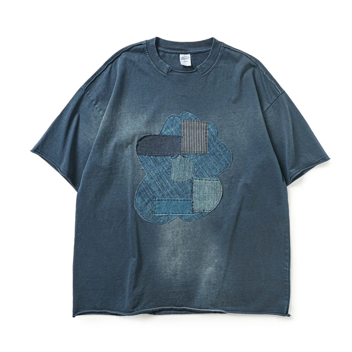 Japanese Retro Blue Dyed Fabric Patchwork Vintage Short Sleeved Summer Original Design Casual
