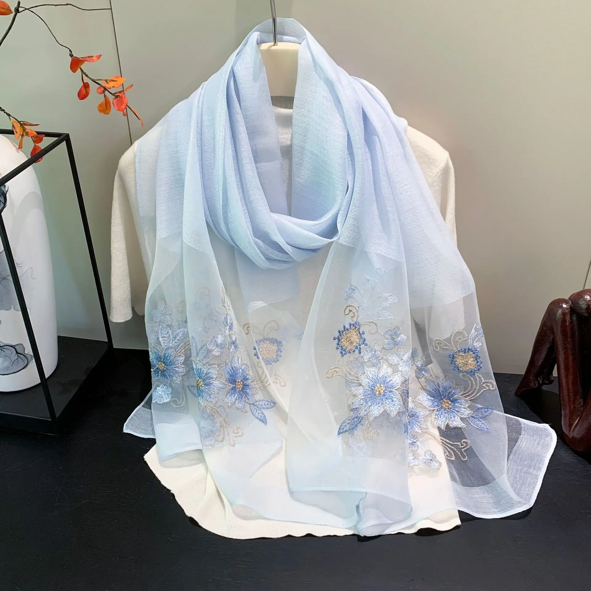 Solid color silk wool blended hand-embroidered scarf spring and autumn summer thin silk scarf cheongsam shawl