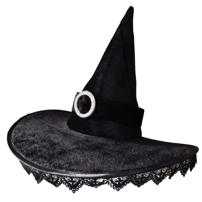 Comfortable Witch Hat with Lace Trim for Halloween Headpieces Teen School Performances Carnivals Party Photography Hat