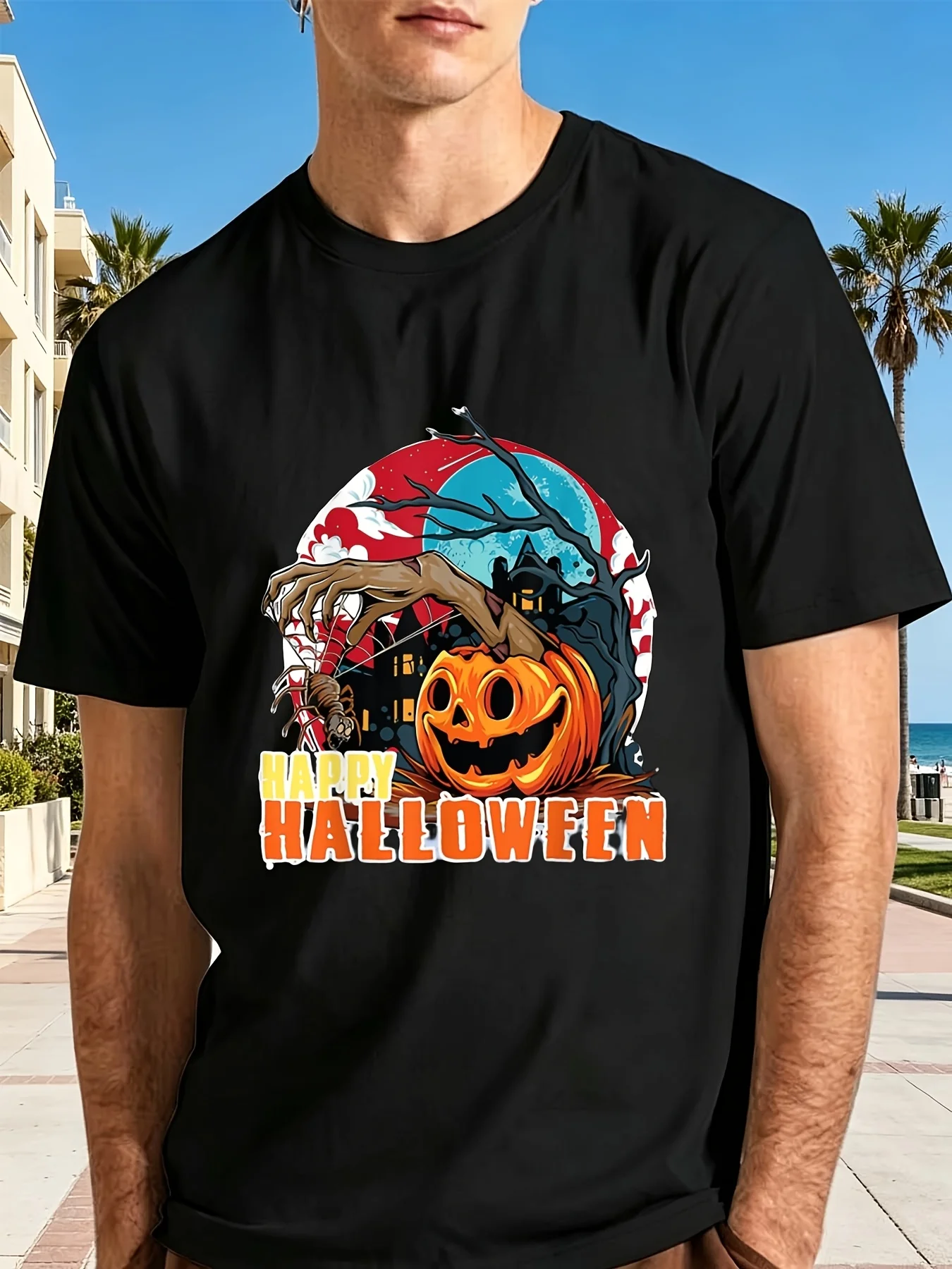 1 Piece Men's Patterned T-Shirt Halloween Theme Lucky Lantern Zombie Hand Spider Print Short-Sleeve Round Neck Retro Casual Printed T-Shirt Unisex