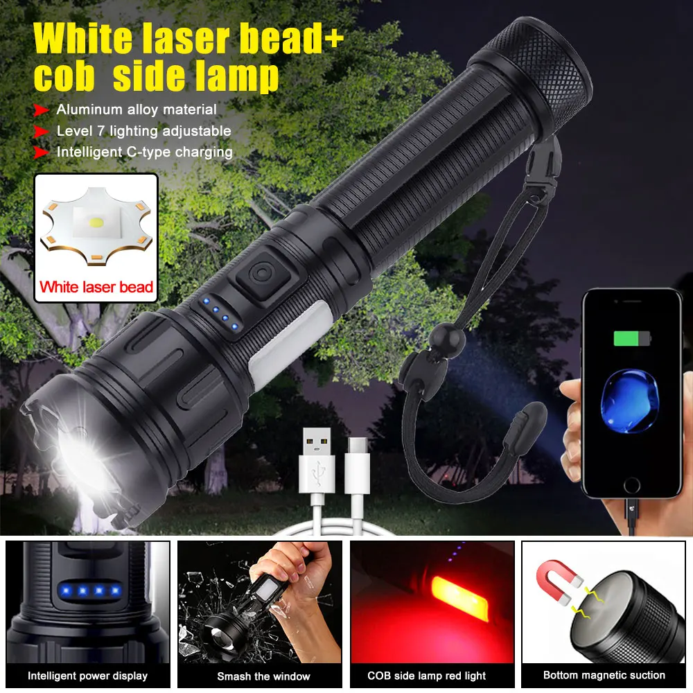 

White Tactical Flashlight with COB Red Side Lamp Type-C Charging Torch Zoom 7 Modes LED Long Shot Lantern Emergency Power Bank