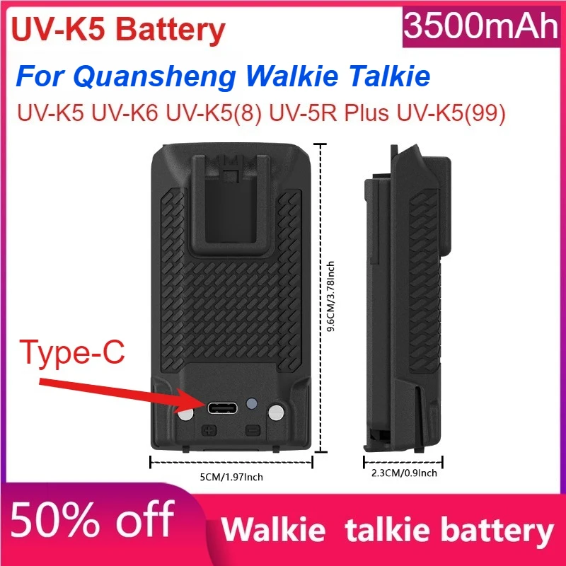 

3500mAh UV-K5 Walkie Talkie Battery Type-C Charging for Quansheng UV-K5 UV-K6 UV-5R PIus UV-K5(99) Radio Replacement Batteries