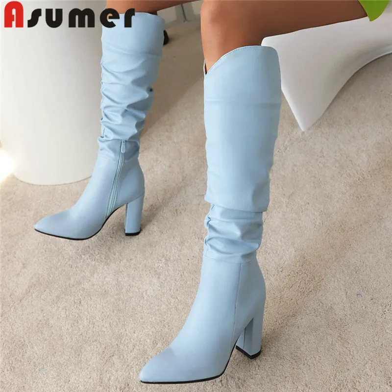 

ASUMER 2023 Size 34-48 New Microfiber Knee High Boots Thick High Heels Winter Boots Woman Ladies Zipper Shoes