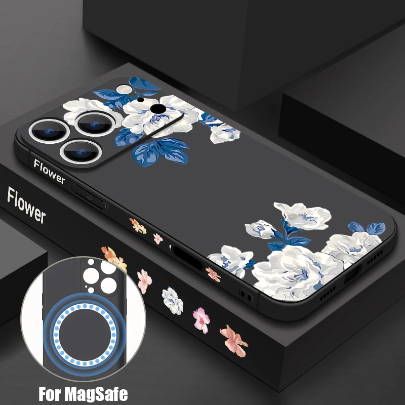 Magnetische Handyhülle mit weißem Blumenmuster für iPhone 17, 16, 15, 14, 13, 12, Pro Max Air 11, 16E für Magsafe Wireless Charge Soft Cover